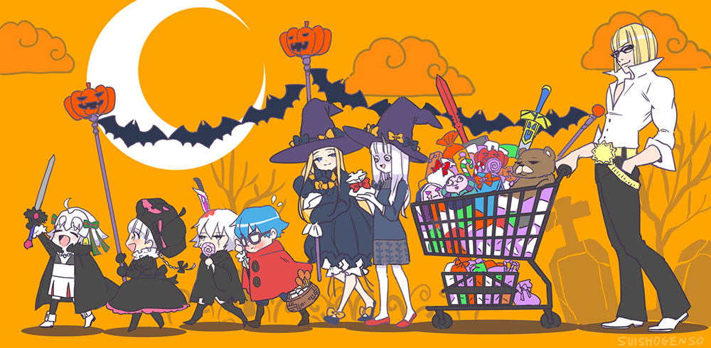 6+girls :d abigail_williams_(fate/grand_order) arm_up bangs black_bow black_cape black_cloak black_dress black_footwear black_legwear black_pants blonde_hair bloomers blue_eyes blue_hair blush bow brown_footwear candy cape cloak closed_eyes closed_mouth cloud commentary_request crescent_moon dress eyebrows_visible_through_hair fate/apocrypha fate/extra fate/extra_ccc fate/grand_order fate_(series) flying_sweatdrops food glasses gothic_lolita green_bow green_ribbon hair_between_eyes hair_bow half-closed_eyes hans_christian_andersen_(fate) hat hat_bow headpiece holding holding_food holding_lollipop holding_sword holding_weapon jack-o'-lantern jack_the_ripper_(fate/apocrypha) jeanne_d'arc_(fate)_(all) jeanne_d'arc_alter_santa_lily lavinia_whateley_(fate/grand_order) lolita_fashion lollipop long_hair long_sleeves moon multiple_boys multiple_girls nursery_rhyme_(fate/extra) opaque_glasses open_mouth orange_bow orange_sky orion_(fate/grand_order) pants pantyhose pink_eyes pleated_dress puffy_short_sleeves puffy_sleeves purple_hat red_footwear ribbon sakata_kintoki_(fate/grand_order) scar scar_across_eye shirt shoes shopping_cart short_sleeves silver_hair sky sleeves_past_fingers sleeves_past_wrists smile striped striped_bow striped_ribbon suishougensou sunglasses swirl_lollipop sword thighband_pantyhose thighhighs_under_boots underwear very_long_hair weapon white_bloomers white_dress white_footwear white_shirt witch_hat