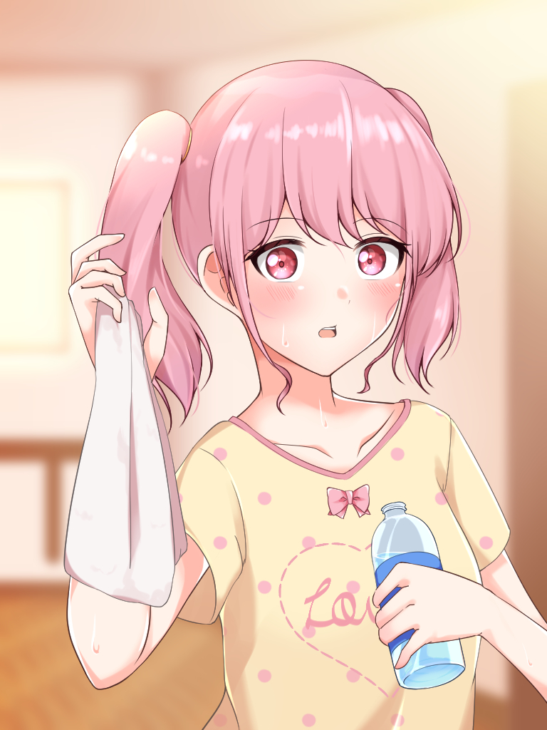 bang_dream! bangs blush bottle bow clothes_writing collarbone commentary_request holding holding_bottle holding_towel indoors maruyama_aya open_mouth pink_bow pink_eyes pink_hair piu_(sunnyglass) polka_dot polka_dot_shirt shirt short_sleeves sidelocks solo sweat towel twintails upper_body water_bottle yellow_shirt
