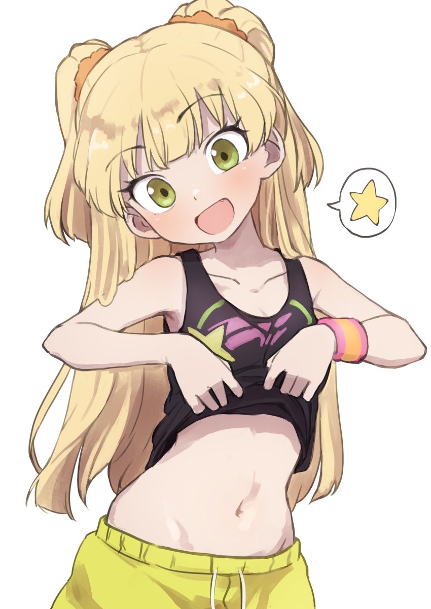 :d bare_shoulders blonde_hair blush collarbone commentary cowboy_shot eyebrows_visible_through_hair fang gazacy_(dai) green_eyes hair_ornament hair_scrunchie highres idolmaster idolmaster_cinderella_girls jougasaki_rika lifted_by_self long_hair looking_at_viewer navel open_mouth scrunchie shorts simple_background smile solo spoken_star star tank_top tank_top_lift two_side_up white_background wristband