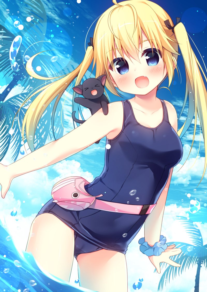 &gt;_&lt; 1girl :d ahoge animal bangs bare_arms bare_shoulders black_cat blonde_hair blue_eyes blue_scrunchie blue_sky blue_swimsuit blush breasts cat cloud cloudy_sky collarbone commentary_request day eyebrows_visible_through_hair eyes_closed facing_viewer fang fingernails gluteal_fold grisaia_(series) hair_between_eyes hanamiya_natsuka head_tilt long_hair looking_at_viewer matsushima_michiru old_school_swimsuit one-piece_swimsuit open_mouth outdoors palm_tree school_swimsuit scrunchie sky small_breasts smile solo swimsuit tree twintails wading water wrist_scrunchie