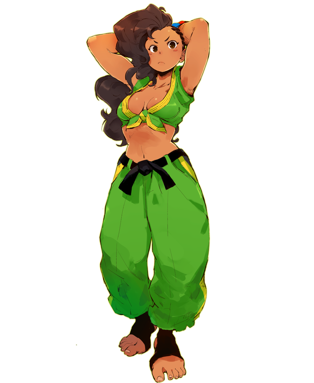 alternate_breast_size andrea_cofrancesco armpits arms_up asymmetrical_hair baggy_pants barefoot belt black_belt black_hair black_legwear blush_stickers bracelet breasts breasts_apart brown_eyes cornrows dark_skin front-tie_top frown full_body green_pants highres jewelry laura_matsuda long_hair midriff navel pants small_breasts solo standing street_fighter street_fighter_v toeless_legwear toes wavy_hair white_background