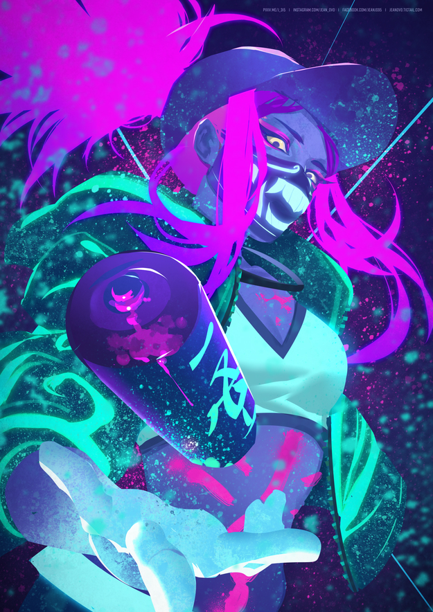 akali baseball_cap bodypaint breasts cleavage crop_top cropped_jacket face_mask hat inverted_colors j_315_(jean) jacket k/da_(league_of_legends) k/da_akali league_of_legends mask midriff monochrome neon open_clothes pink_hair ponytail raver solo spray_can ultraviolet_light yellow_eyes