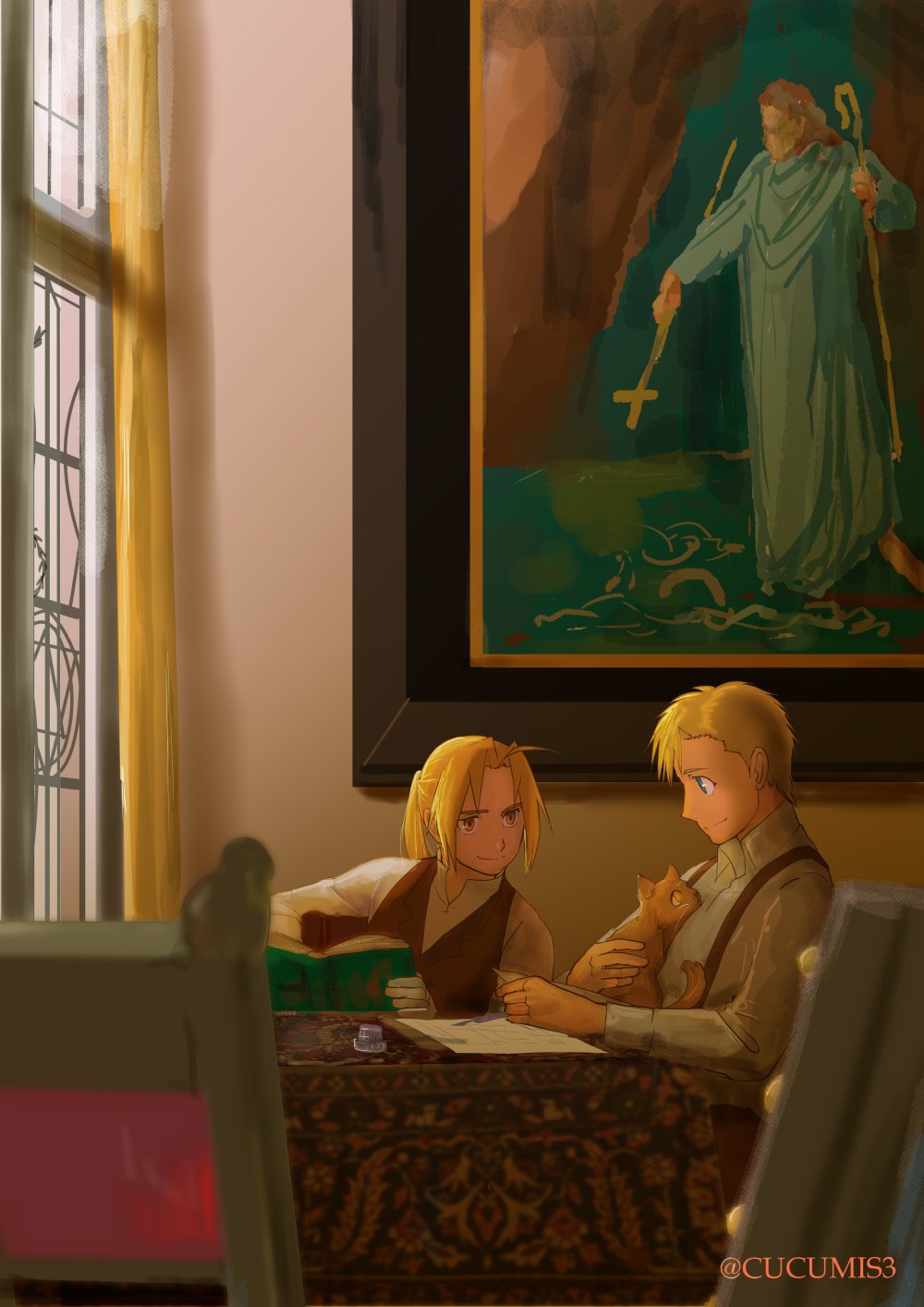 alphonse_heiderich bangs blonde_hair blue_eyes blurry book cat chair commentary_request conqueror_of_shambala cross day depth_of_field edward_elric fullmetal_alchemist gloves happy height_difference highres indoors looking_at_another male_focus multiple_boys painting_(object) paper ponytail profile shadow shirt short_hair sitting smile staff suspenders table twitter_username urikurage waistcoat white_shirt window yellow_eyes