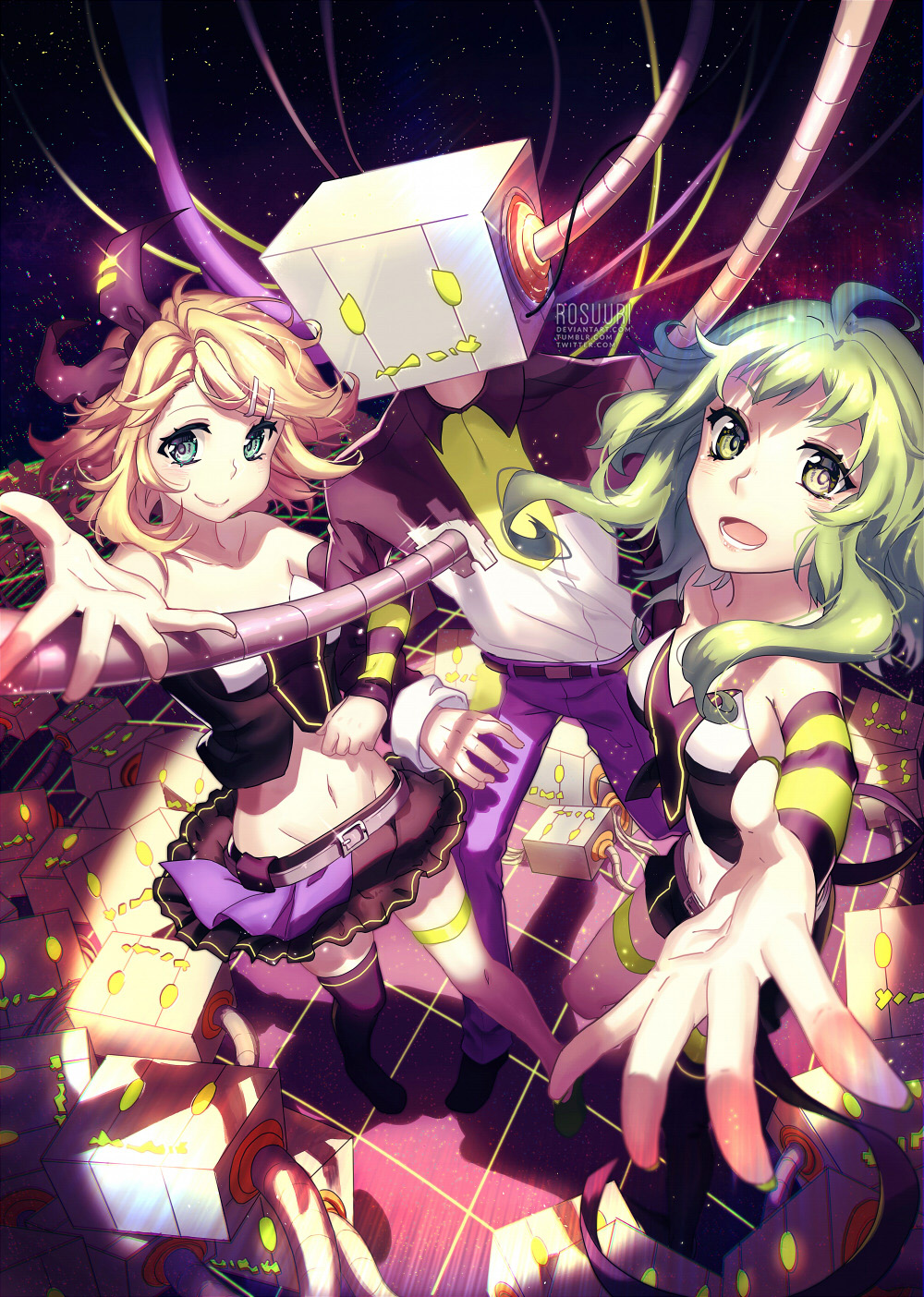 2girls android aqua_eyes asymmetrical_clothes awkward bare_shoulders belt black_footwear blonde_hair bow breasts cable checkered checkered_floor cleavage collarbone curly_hair detached_sleeves frilled_skirt frills green_eyes green_hair green_nails gumi hair_bow highres kagamine_rin locked_arms looking_at_viewer luvoratorrrrry!_(vocaloid) medium_breasts midriff miniskirt multiple_girls nail_polish navel neon_trim nervous object_head open_clothes open_shirt outstretched_arm outstretched_hand pants perspective pigeon-toed purple_pants robot robotic_parts rosuuri shorts sidelocks skirt small_breasts smile striped striped_sleeves thighhighs tube vocaloid zettai_ryouiki