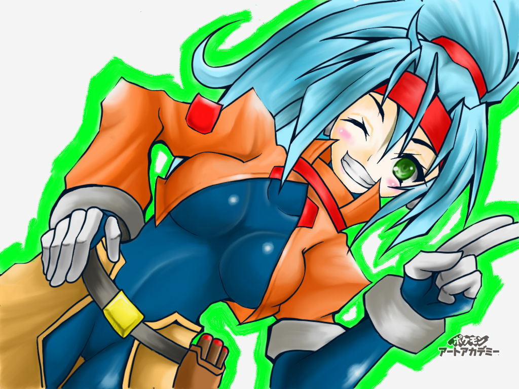 ashe_(rockman) blue_hair blush bodysuit breasts commentary_request cowboy_shot cropped_jacket dojyo5963 dutch_angle gloves green_eyes hair_between_eyes hand_on_hip headband high_ponytail long_hair looking_at_viewer medium_breasts one_eye_closed ponytail rockman rockman_zx rockman_zx_advent salute signature simple_background smile solo teeth two-finger_salute