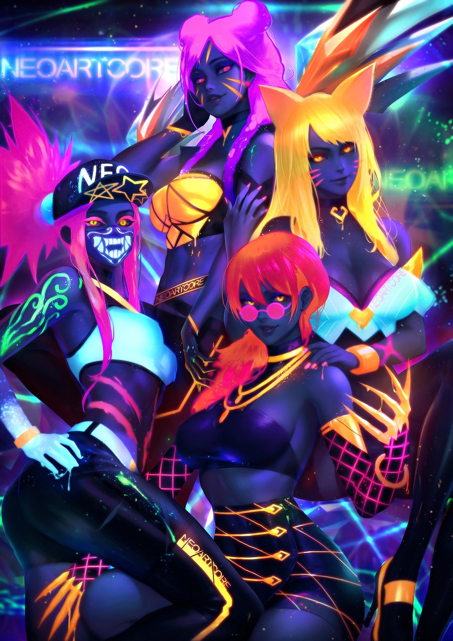 ahri akali animal_ears bare_shoulders baseball_cap blonde_hair breasts cleavage double_bun evelynn fox_ears glowing glowing_eyes group_picture hat highres idol jacket jewelry jpeg_artifacts k/da_(league_of_legends) k/da_ahri k/da_akali k/da_evelynn k/da_kai'sa kai'sa league_of_legends long_hair mask midriff multiple_girls navel neon nudtawut_thongmai open_clothes ponytail raver ultraviolet_light