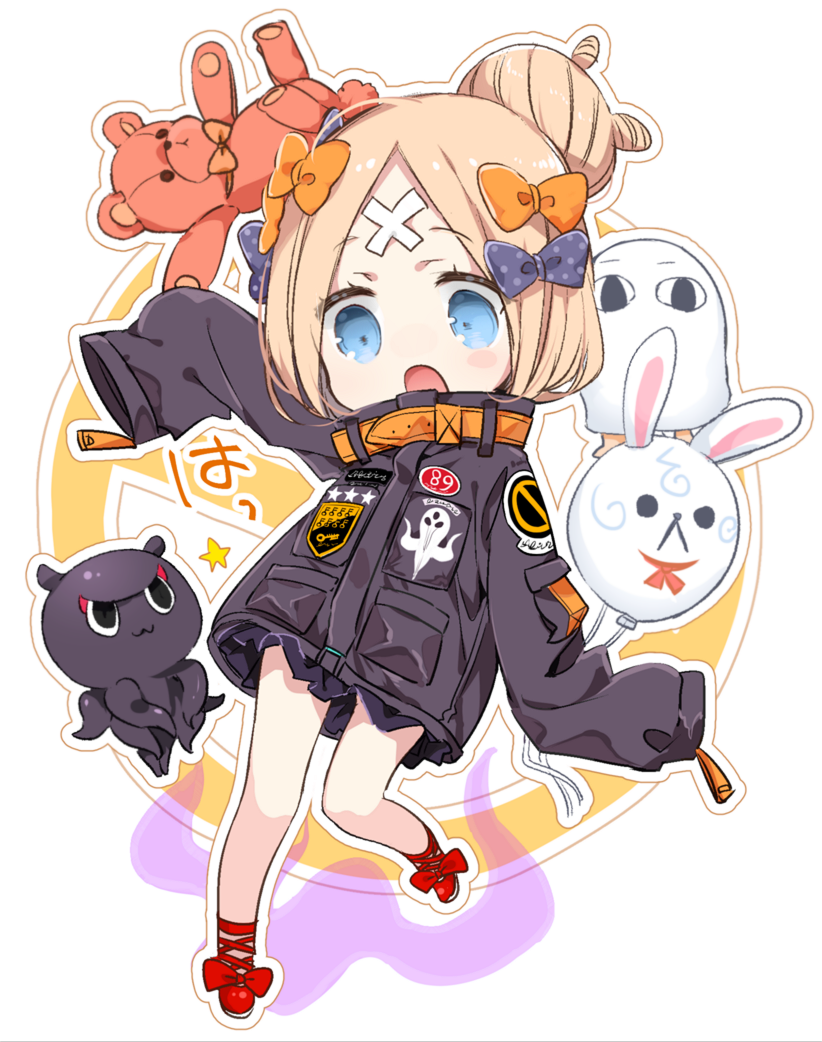 abigail_williams_(fate/grand_order) alternate_hairstyle balloon bandaid_on_forehead bangs belt black_bow black_jacket blonde_hair blue_eyes bow chibi commentary_request crossed_bandaids fate/grand_order fate_(series) forehead fou_(fate/grand_order) hair_bow hair_bun heroic_spirit_traveling_outfit jacket legs long_hair medjed open_mouth orange_bow parted_bangs polka_dot polka_dot_bow red_footwear sino_(sionori) sleeves_past_fingers sleeves_past_wrists solo stuffed_animal stuffed_toy teddy_bear thighs tokitarou_(fate/grand_order) white_background