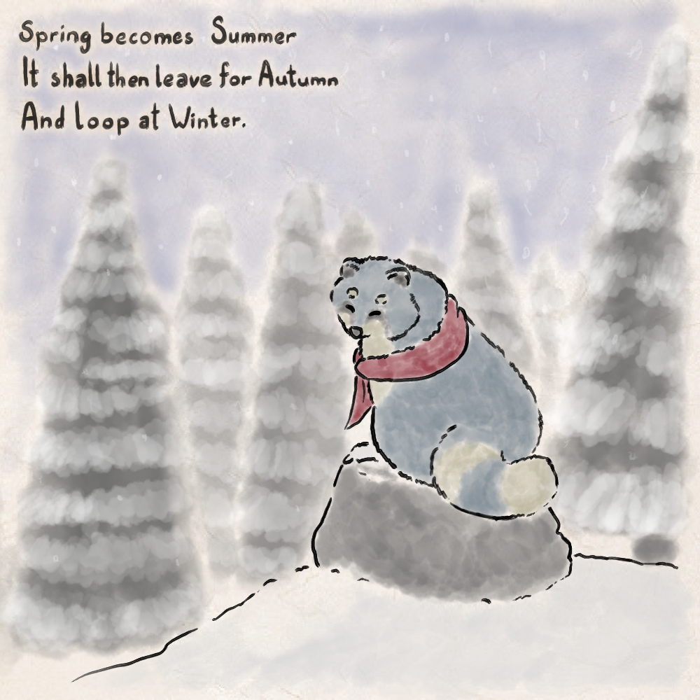 ambiguous_gender canine clothing digital_media_(artwork) feral fluffy fur geno28_(artist) haiku_(poetry) invalid_background mammal poetry scarf snow solo tagme tanuki text zaffre