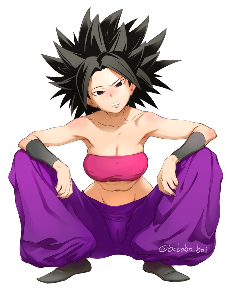 armpit_crease armpits baggy_pants bandeau bare_shoulders big_hair black_eyes black_footwear black_hair bobobo body_blush bracer breasts cameltoe caulifla cleavage collarbone commentary_request covered_nipples dragon_ball dragon_ball_super forehead full_body furrowed_eyebrows groin head_tilt hips leaning_forward looking_at_viewer medium_breasts midriff narrow_waist navel pants pink_bandeau pointy_shoes puffy_pants purple_pants raised_eyebrows shoes short_hair simple_background skindentation sleeveless solo spiked_hair spread_legs strapless teeth tomboy white_background widow's_peak