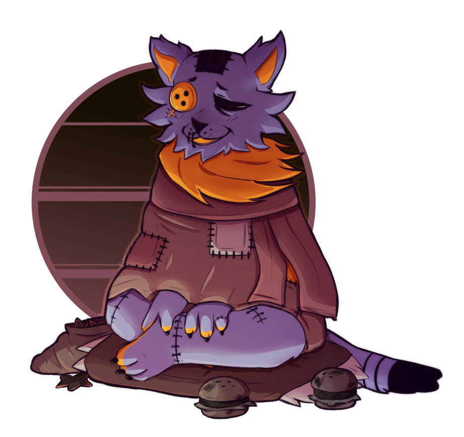 2018 3_fingers 3_toes alpha_channel anthro bag black_eyes brown_background brown_clothing burger button_eyes cat cheek_tuft clothed clothing coat crossed_legs cushion deltarune digital_media_(artwork) dipstick_tail feline fivenightsatsnowys food fully_clothed fur half-closed_eyes living_doll male mammal monster multicolored_tail neck_tuft open_mouth open_smile orange_fur patch_(fabric) paws purple_fur scar scarf seam_(deltarune) signature simple_background sitting smile solo star stitches striped_tail stripes toes transparent_background tuft video_games