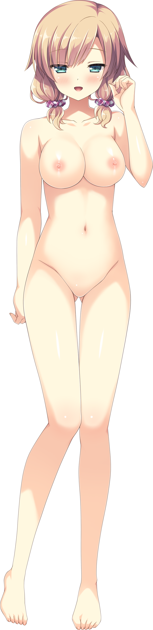 absurdres aqua_eyes ass_visible_through_thighs barefoot blush breasts collarbone deatte_5-fun_wa_ore_no_mono! eyebrows_visible_through_hair fur_trim hair_ornament hair_scrunchie highres ikegami_akane large_breasts light_brown_hair long_image looking_at_viewer navel nipples no_pussy nude official_art open_mouth plaid plaid_scrunchie scrunchie shinonome_azusa smile tall_image transparent_background