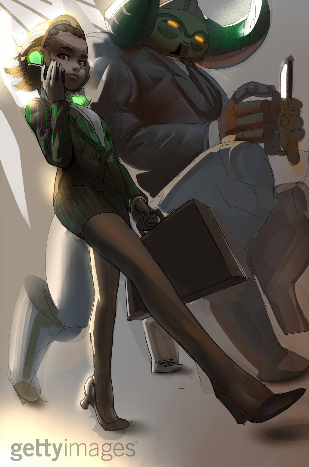 briefcase cellphone centauroid commentary dark_skin efi_oladele english_commentary facial_tattoo flat_chest formal from_below hair_pulled_back highres idlecil md5_mismatch multiple_girls omnic orisa_(overwatch) overwatch phone pinstripe_suit pumps robot skirt_suit smartphone striped suit tattoo very_dark_skin walking