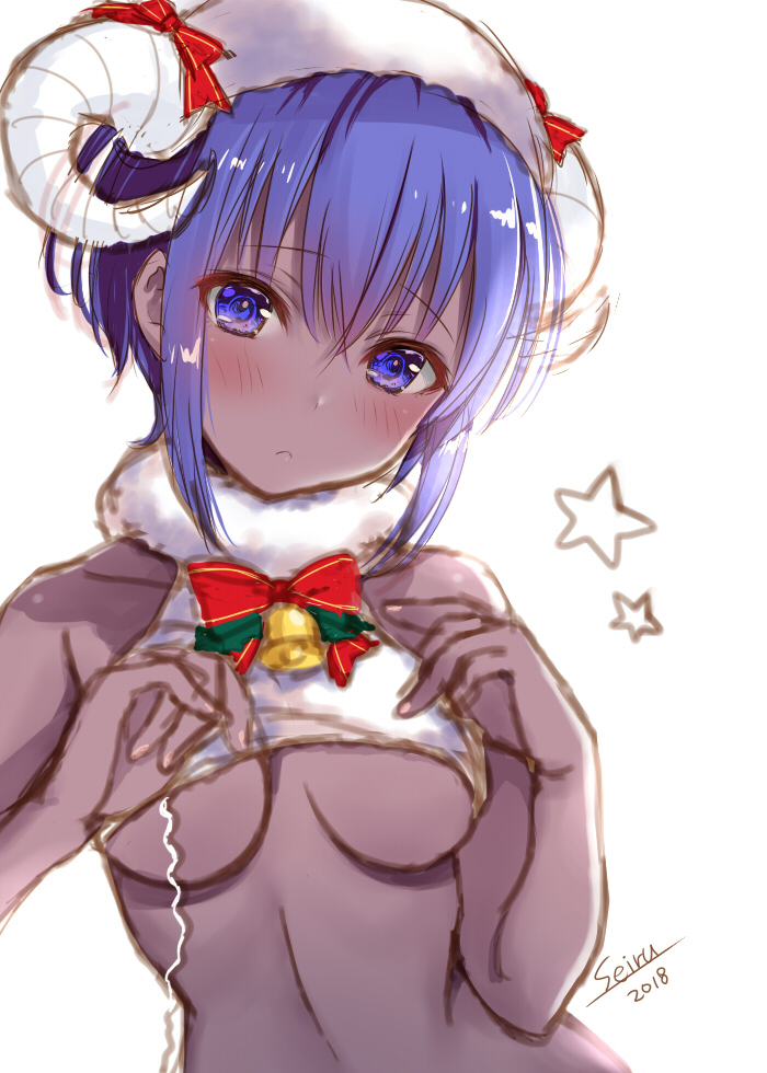 bangs bare_shoulders blush breasts closed_mouth collarbone crop_top curled_horns dark_skin eyebrows_visible_through_hair fate/prototype fate/prototype:_fragments_of_blue_and_silver fate_(series) fingernails hair_between_eyes hands_up hassan_of_serenity_(fate) head_tilt hijiri_ruka horns medium_breasts merry_sheep purple_eyes purple_hair sheep_horns signature sketch star underboob upper_body wool