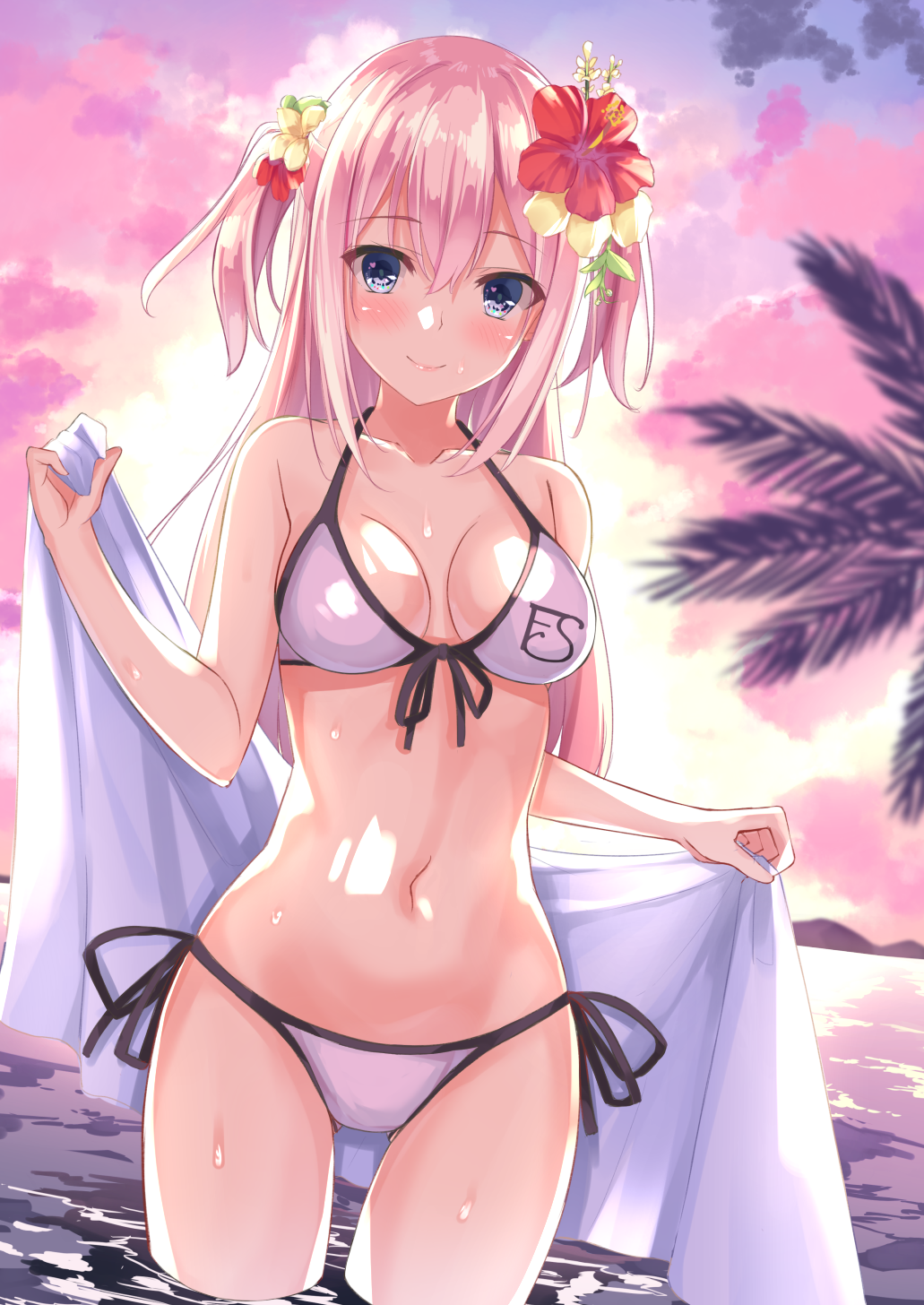 backlighting bangs bare_shoulders bikini blue_eyes blush breasts breasts_apart closed_mouth cloud cloudy_sky collarbone cowboy_shot dutch_angle eyebrows_visible_through_hair flower front-tie_bikini front-tie_top hair_flower hair_ornament hatsu_(first_snow) heart heart_in_eye hibiscus highres holding holding_towel long_hair looking_at_viewer medium_breasts navel ocean original outdoors palm_tree pink_hair shiny shiny_hair side-tie_bikini sky smile solo sunlight swimsuit symbol_in_eye towel tree twilight two_side_up wading water water_drop wet white_bikini