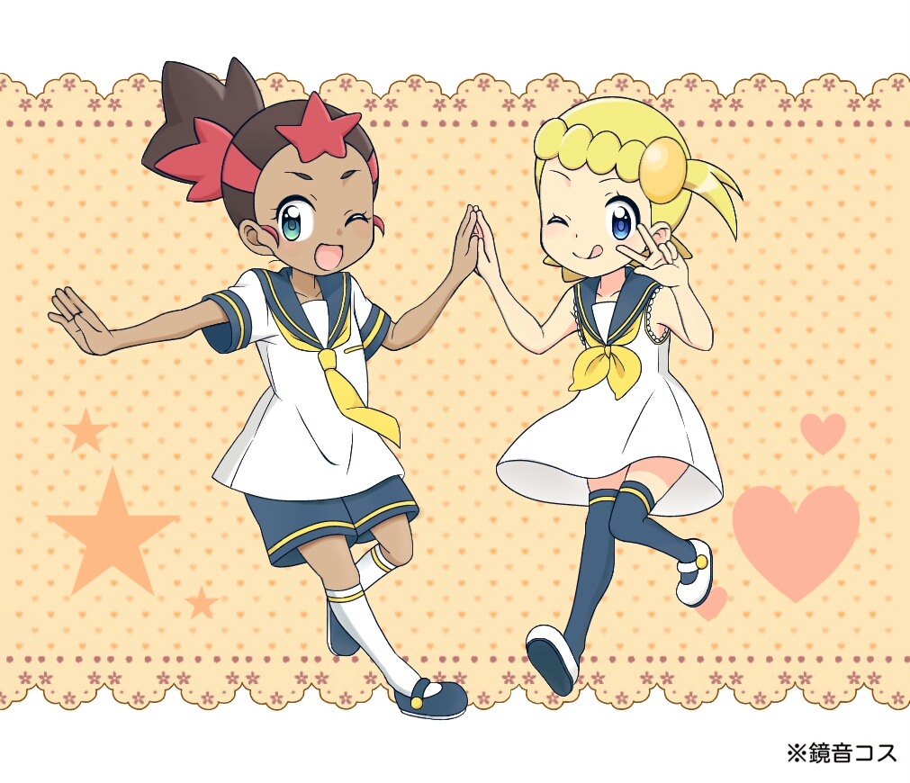 2girls alternate_costume arm_up blonde_hair blue_footwear blue_legwear blue_sailor_collar blue_shorts blush brown_hair child closed_mouth collarbone creatures_(company) dark_skin dress eureka_(pokemon) female flat_chest full_body game_freak green_background hair_ornament hand_holding hand_up hands_up happy heart hoshi_(pokemon) japanese_text kneehighs koudzuki_(reshika213) licking_lips light_blush looking_at_viewer looking_to_the_side multicolored_hair multiple_girls neckerchief necktie nintendo one_eye_closed open_mouth orange_background outstretched_arm pokemon pokemon_(anime) pokemon_sm_(anime) pokemon_xy_(anime) ponytail red_hair sailor_collar school_uniform shirt shoes short_sleeves shorts side_ponytail simple_background sleeveless sleeveless_dress smile standing standing_on_one_leg star thighhighs tied_hair tongue tongue_out translation_request two-tone_hair v white_dress white_footwear white_legwear white_shirt wink yellow_neckwear zettai_ryouiki