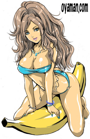 banana blue_eyes breasts cleavage food fruit graphite_(medium) grey_hair gyaru jewelry kogal large_breasts long_hair lowres nail_polish necklace original oyaman simple_background smile solo swimsuit traditional_media white_background