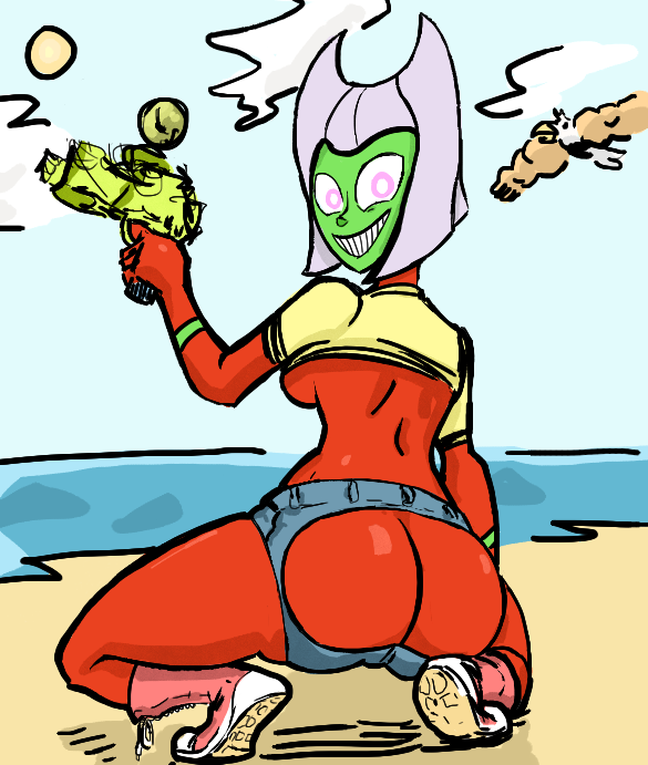 avian back_boob bird breasts butt butt_witch clothed clothing female green_skin hair humanoid ineffective_clothing looking_at_viewer looking_back pink_eyes ranged_weapon raygun skimpy sun twelve_forever under_boob weapon white_hair