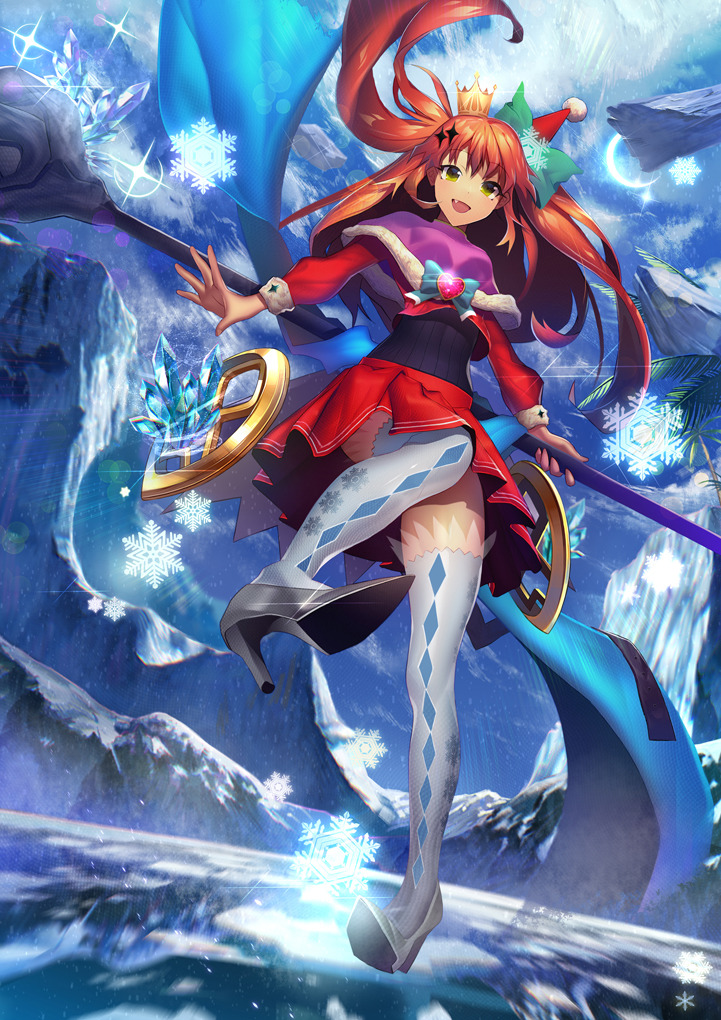 :d blue_cape blue_sky bow cape crown crystal fang full_body green_eyes hat hat_bow high_heels holding holding_staff long_hair looking_at_viewer nayuta_(una) open_mouth orange_hair original outdoors red_hat sky smile snowflakes solo staff standing