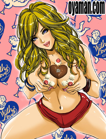 :p blonde_hair blue_eyes breasts chocolate chocolate_heart cleavage convenient_censoring cream fingernails food fruit graphite_(medium) gyaru heart kogal large_breasts long_hair lowres nail_polish original oyaman smile solo strawberry tongue tongue_out traditional_media valentine