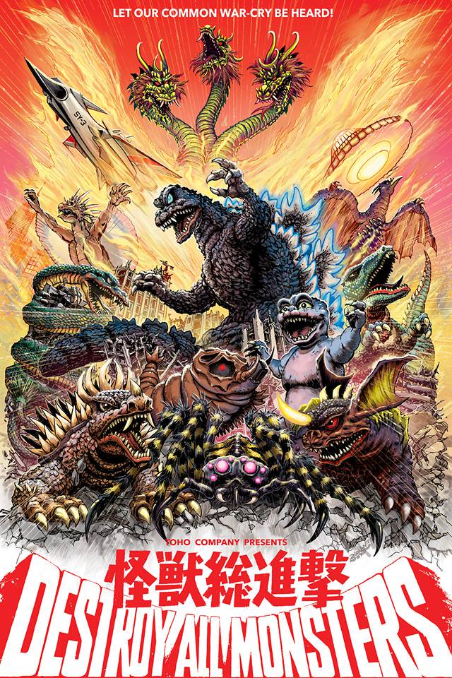 alien anguirus baragon_(godzilla) blue_eyes bug caterpillar city destruction dinosaur dragon father_and_son giant_monster glowing glowing_eyes godzilla godzilla_(series) gorosaurus horn hydra insect jeff_zornow kaijuu king_ghidorah komunga manda_(godzilla) minilla monster moonlight_sy-3 mothra movie_poster multiple_heads no_humans pterodactyl purple_eyes red_eyes rodan spider toho_(film_company) ufo varan