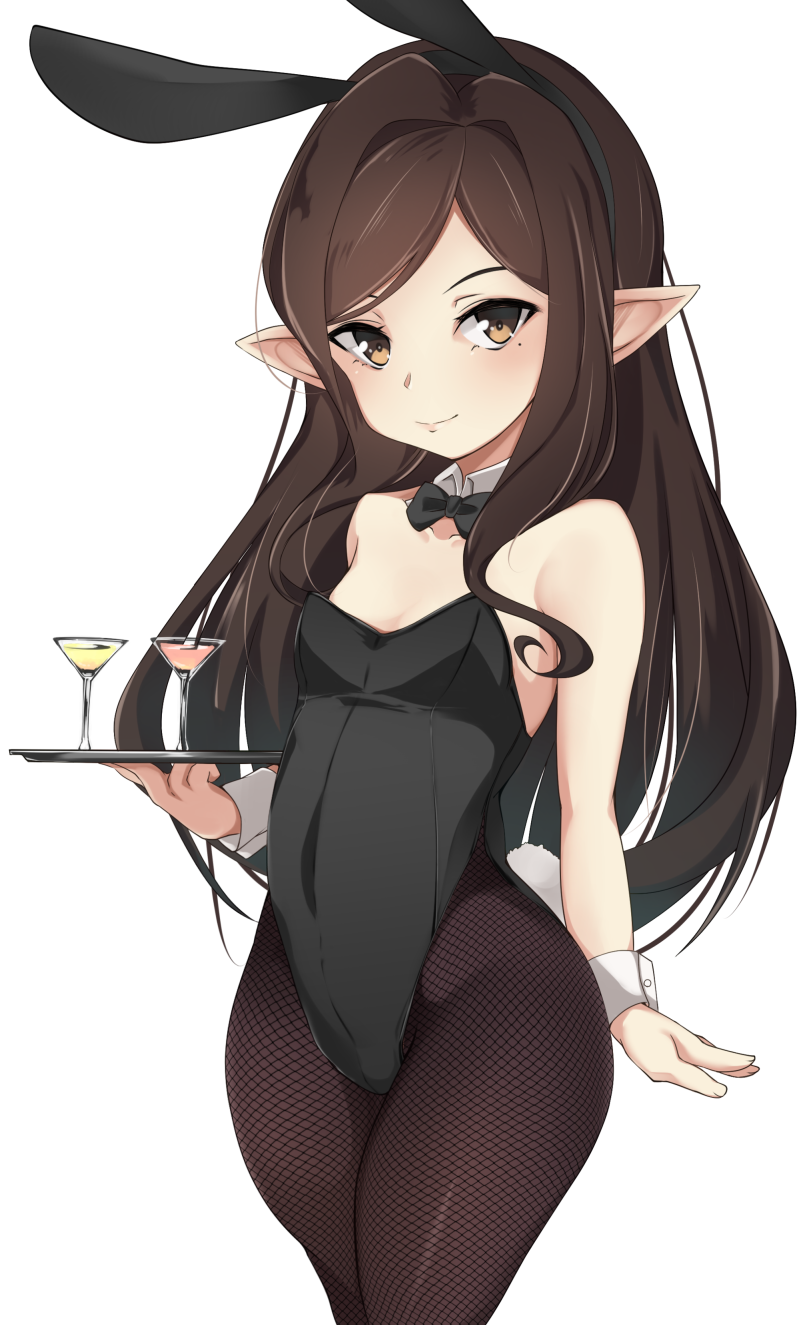 alternate_costume animal_ears arulumaya bangs black_legwear black_leotard black_neckwear bow bowtie breasts brown_eyes brown_hair bullseye1203 bunny_ears bunnysuit closed_mouth cowboy_shot cup detached_collar drinking_glass fake_animal_ears fishnet_pantyhose fishnets granblue_fantasy harvin highres holding holding_tray leotard lips long_hair looking_at_viewer mole mole_under_eye pantyhose pointy_ears small_breasts smile solo strapless strapless_leotard swept_bangs thighs transparent_background tray wine_glass wing_collar wrist_cuffs
