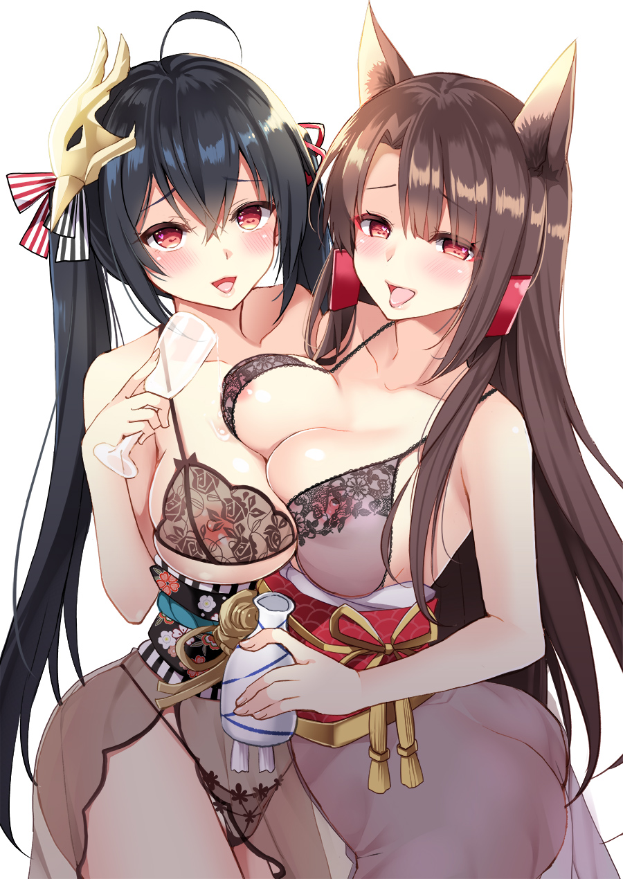 ahoge akagi_(azur_lane) animal_ears areolae ass asymmetrical_docking azur_lane bangs bare_arms bare_shoulders black_hair black_panties blunt_bangs blush bottle breast_press breasts brown_hair champagne_flute cleavage commentary_request cup drinking_glass fox_ears hair_between_eyes hair_ornament hair_ribbon half-closed_eyes hand_up heart heart_in_eye highres holding holding_cup ikura_nagisa large_breasts lingerie long_hair looking_at_viewer mask multiple_girls nipples obi open_mouth panties pouring red_eyes ribbon sake_bottle sash see-through simple_background smile standing symbol_in_eye taihou_(azur_lane) tongue tongue_out twintails underwear very_long_hair white_background