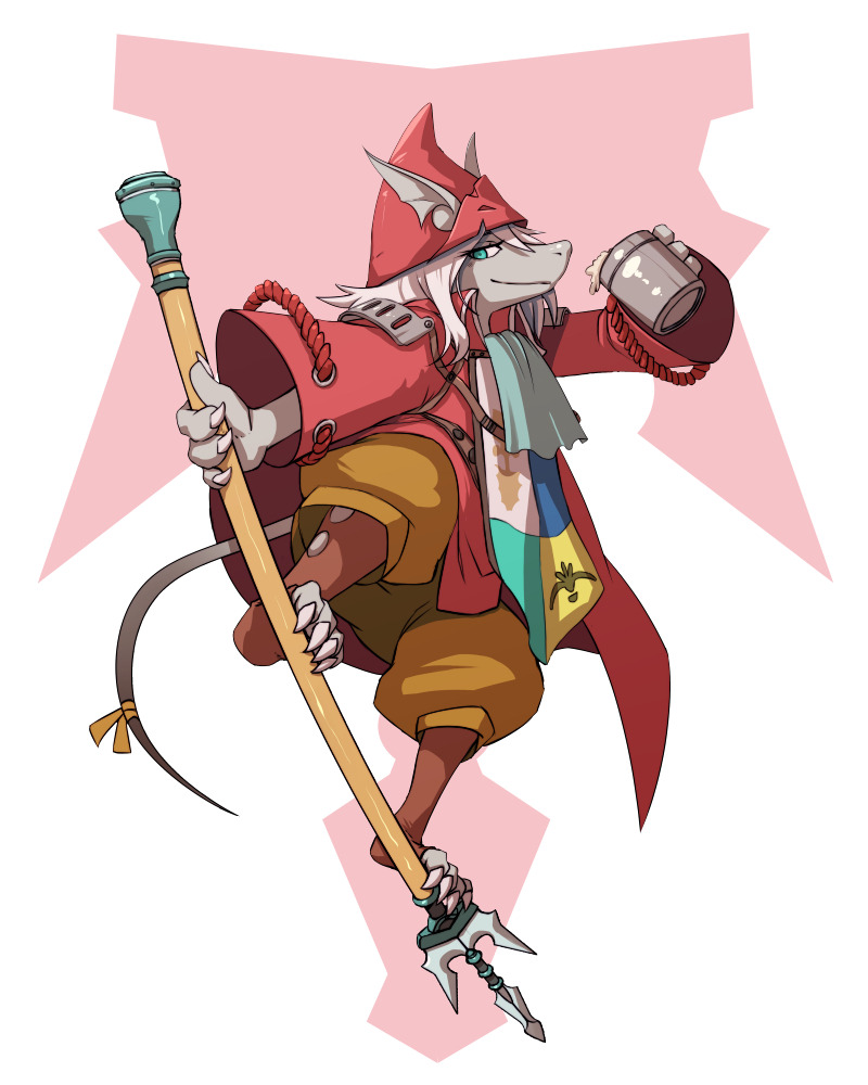 2018 alcohol anthro armor beverage burmecian claws clothed clothing coat cup female final_fantasy final_fantasy_ix freya_crescent fur green_eyes grey_fur hair helmet looking_at_viewer mammal melee_weapon pants polearm rodent simple_background smile solo spear square_enix surfing video_games weapon whistlefrog white_hair