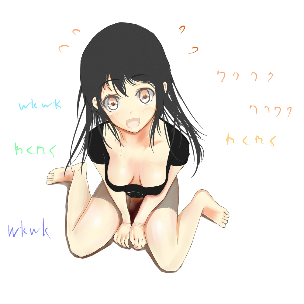 1girl barefoot black_hair blush breasts brown_eyes cleavage downblouse eyebrows_visible_through_hair flying_sweatdrops full_body long_hair looking_at_viewer medium_breasts no_bra open_mouth original sitting smile solo tomoki_(omaenoie) translation_request wariza