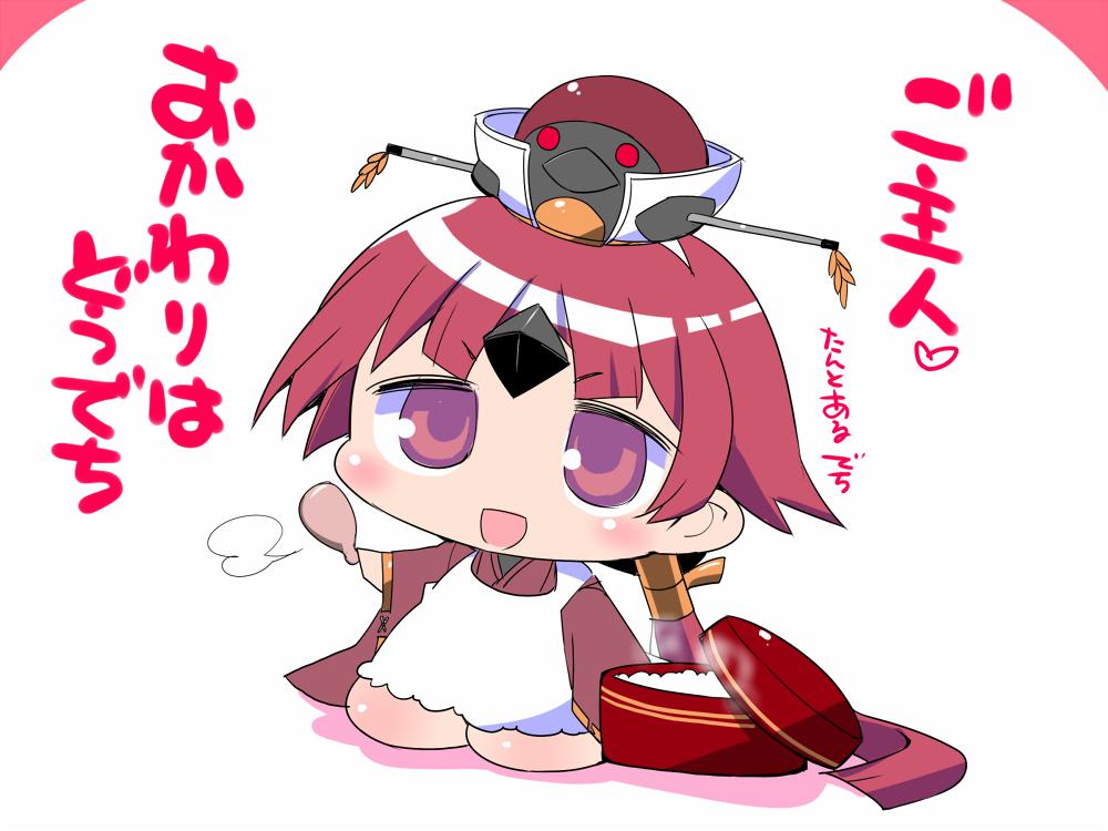 1girl apron benienma_(fate/grand_order) bird_hat blush_stickers chibi comic commentary_request fate/grand_order fate_(series) hat kneeling long_sleeves looking_at_viewer open_mouth ponytail purple_eyes red_hair rice_spoon sako_(bosscoffee) short_hair smile solo translation_request white_background wide_sleeves