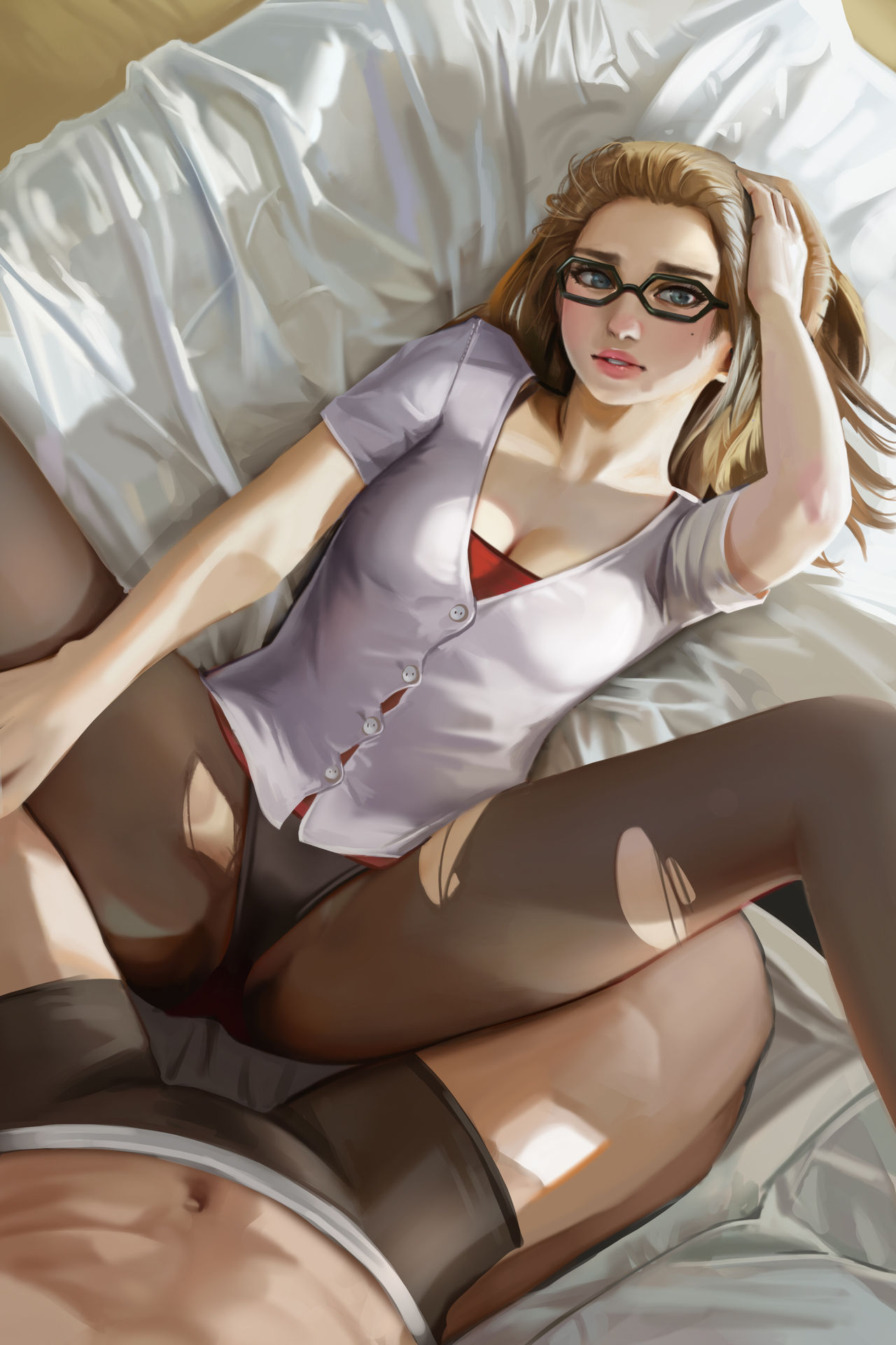 1girl alternate_costume bed_sheet bespectacled black-framed_eyewear black_panties blonde_hair blue_eyes boxers breasts brown_hair button_gap cleavage forecast_janna from_above glasses hand_up highres hoo_bamon janna_windforce league_of_legends long_hair looking_at_viewer lying medium_breasts mole mole_under_eye on_back on_bed panties panties_under_pantyhose pantyhose parted_lips pov realistic shirt solo_focus source_request spread_legs torn_clothes torn_legwear underwear white_shirt