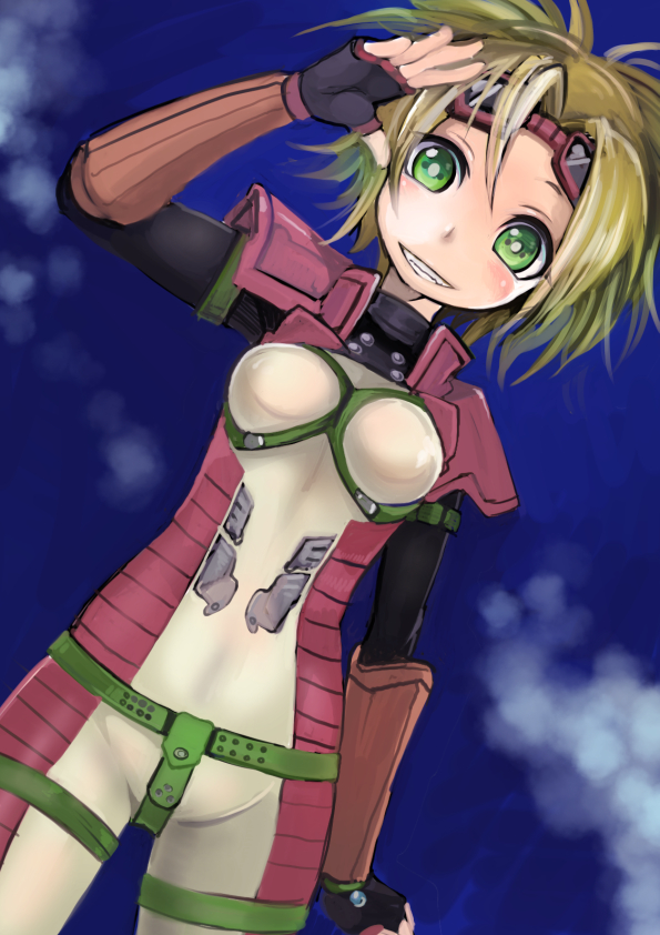 arm_at_side black_gloves blonde_hair bodysuit breasts cowboy_shot dutch_angle final_fantasy final_fantasy_x fingerless_gloves gloves goggles goggles_on_head green_eyes grin hand_up looking_at_viewer rikku ruu_bot short_hair small_breasts smile solo teeth thigh_strap