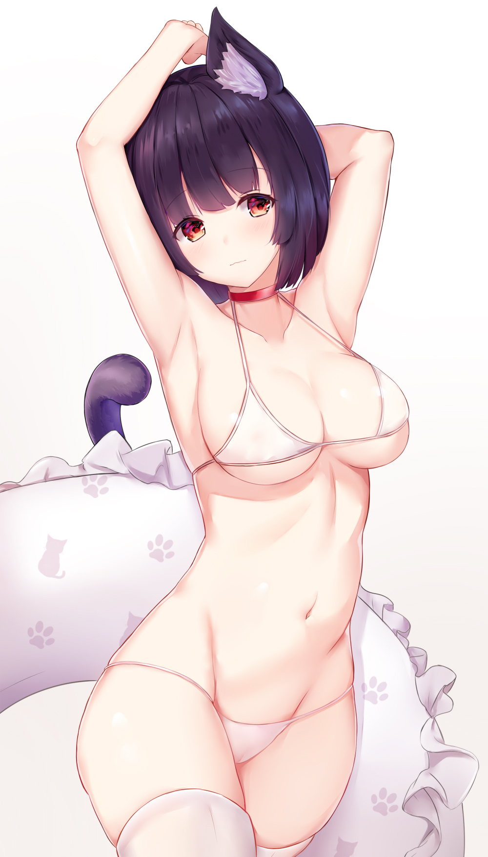 1girl animal_ear_fluff animal_ears armpits arms_up azur_lane bangs bare_arms bare_shoulders bikini black_hair blush breasts brown_background cat_ears cat_girl cat_tail choker cleavage closed_mouth collarbone commentary_request eyebrows_visible_through_hair filings_(ailuo_c) frilled_innertube gradient gradient_background head_tilt highres innertube medium_breasts navel red_choker red_eyes revision short_hair skindentation solo swimsuit tail tail_raised thighhighs white_background white_bikini white_innertube white_legwear yamashiro_(azur_lane)