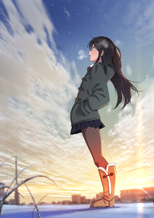 1girl black_skirt blue_sky blush boots brown_footwear brown_hair brown_legwear cityscape cloud cloudy_sky domo1220 green_jacket hand_in_pocket hood hood_down hooded_jacket jacket knee_boots leaning_forward long_hair long_sleeves looking_away original outdoors pantyhose parted_lips pleated_skirt profile skirt sky snow solo standing sunset very_long_hair