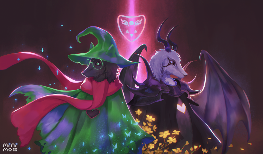 &lt;3 2018 anthro armor arthropod asriel_dreemurr asriel_dreemurr_(god_form) back_to_back bat_wings black_background black_clothing black_fur black_markings boss_monster butterfly cape caprine clothed clothing delta_rune deltarune digital_media_(artwork) duo eyewear facial_markings flower fully_clothed fur glasses glowing goat green_eyes green_hat green_robe hat horn insect male mammal markings membranous_wings minimoss monster petals pink_scarf plant ralsei robe scarf signature simple_background snout sparkle standing undertale video_games watermark white_fur wings witch_hat