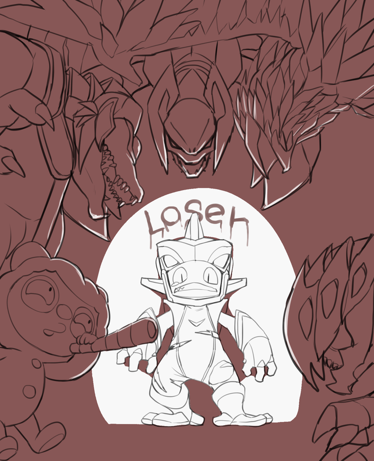 2016 anivia_(lol) armor clothed clothing digital_drawing_(artwork) digital_media_(artwork) english_text fizz_(lol) group humiliation kog'maw_(lol) league_of_legends manmosu_marimo monochrome open_mouth renekton riot_games shadow skarner standing tears teemo_(lol) teeth text video_games