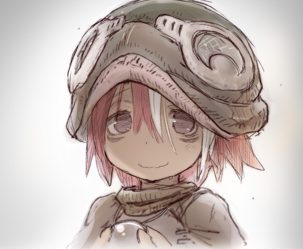 blush brown_eyes brown_hat closed_mouth commentary_request eyebrows_visible_through_hair goggles goggles_on_headwear hair_between_eyes hat looking_at_viewer made_in_abyss multicolored_hair pink_hair short_hair sketch smile solo tsukushi_akihito upper_body veko wavy_mouth white_hair