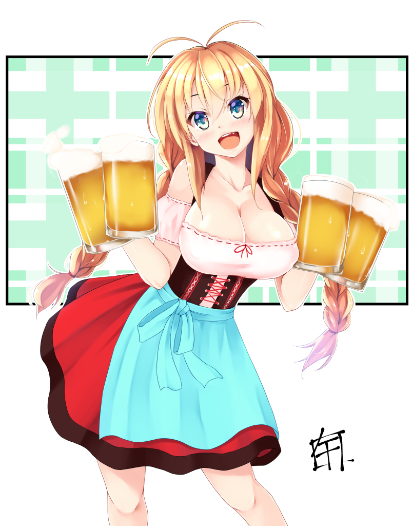 :d alcohol antenna_hair apron beer beer_mug blonde_hair blue_apron braid breasts cleavage commentary_request cup dirndl german_clothes green_eyes holding holding_cup large_breasts long_hair minase_nagi oktoberfest open_mouth smile solo tsurumaki_maki voiceroid waist_apron