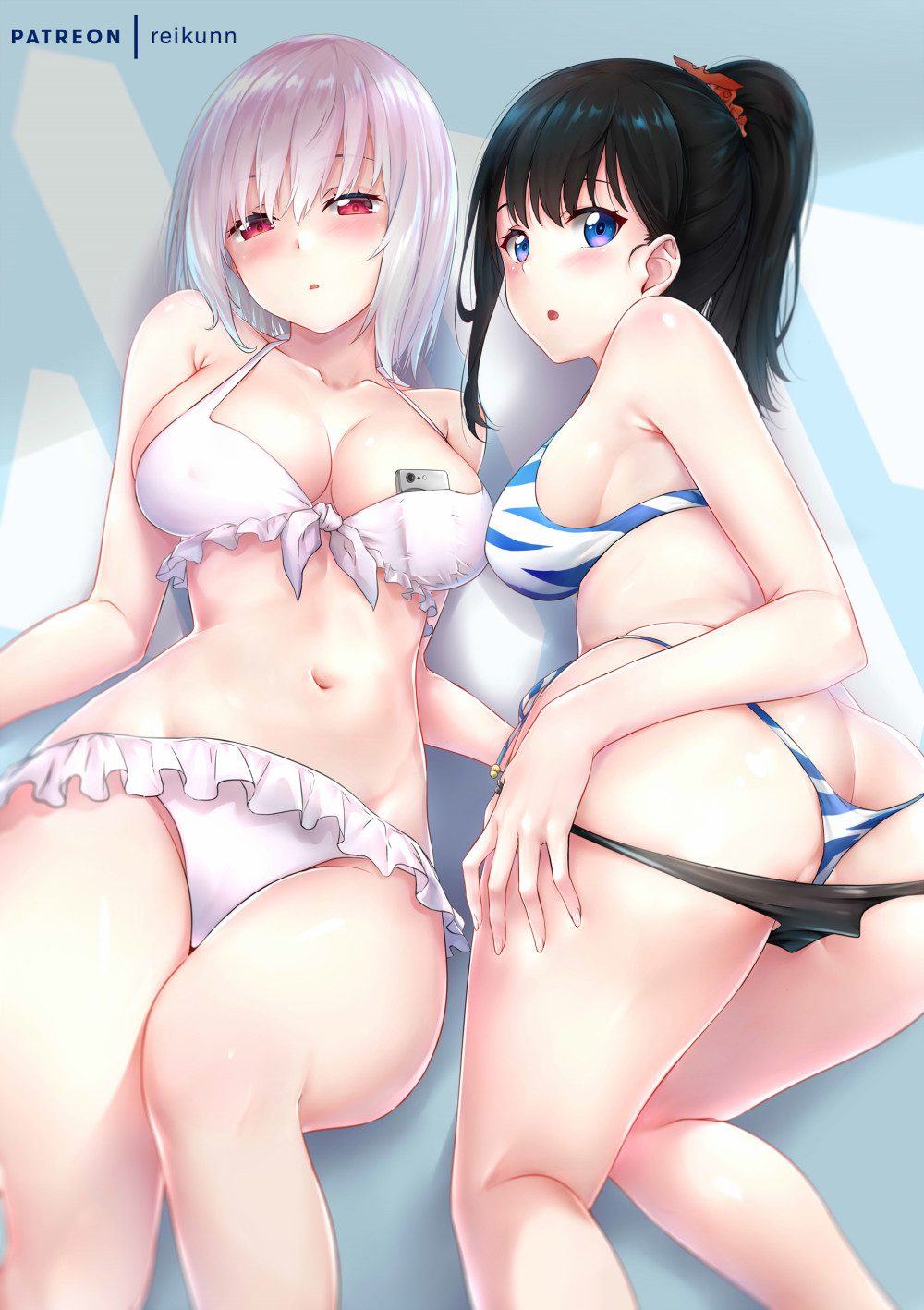 ass bare_shoulders bikini black_bikini black_hair blue_eyes breasts cellphone cleavage highres in_swimsuit large_breasts long_hair looking_at_viewer multiple_girls navel no_eyewear phone ponytail purple_eyes red_eyes rei_kun shinjou_akane short_hair side_ponytail smartphone ssss.gridman striped striped_bikini swimsuit takarada_rikka thighs white_bikini