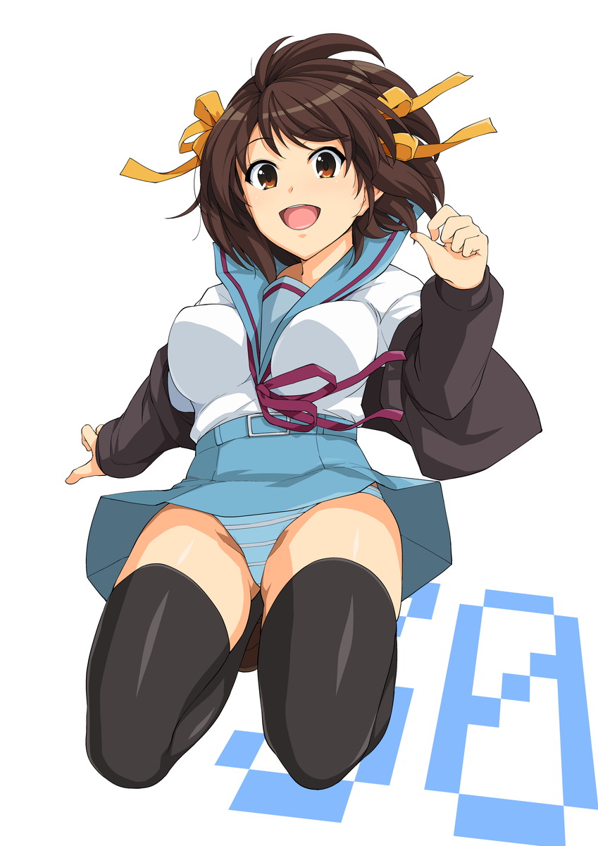 :d ass_visible_through_thighs bouncing_breasts breasts brown_eyes brown_hair cardigan from_below hairband haruhisky highres jumping kita_high_school_uniform large_breasts looking_down medium_hair open_mouth panties sailor_collar school_uniform serafuku smile solo striped striped_panties suzumiya_haruhi suzumiya_haruhi_no_yuuutsu thighhighs underwear white_background