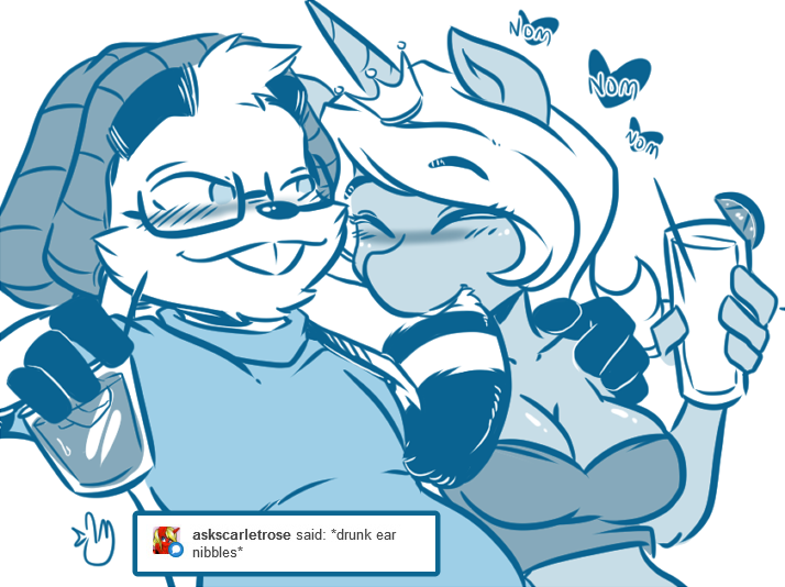 &lt;3 4_fingers anthro anthro_on_anthro beanie beverage bite blush breasts cleavage clothed clothing crown drunk duckdraw duo ear_biting eddie_(duckdraw) english_text equine eyebrows eyelashes eyes_closed eyewear fan_character female fingerless_(marking) floppy_ears fur glasses hair hat holding_cup horn lagomorph long_ears male male/female mammal monochrome my_little_pony rabbit scarlet_rose shirt simple_background smile t-shirt teeth text tube_top two_tone_ears unicorn waggles white_background