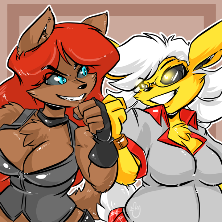 4_fingers 5_fingers anthro big_breasts biped black_eyebrows black_nose black_sclera blue_eyes breasts brown_ears brown_fur brown_tail canine chest_tuft cleavage clothed clothing collar duckdraw duo eeveelution eyebrows eyelashes eyewear fan_character female fingerless_gloves fist_bump fluffy fluffy_tail fur glasses gloves glowing glowing_eyes grey_sclera hair inner_ear_fluff jolteon lemon_swirl lips long_ears long_hair mammal nintendo pok&eacute;mon pok&eacute;mon_(species) red_hair shirt short_hair short_tail slightly_chubby slit_pupils smile t-shirt tank_top teeth tuft video_games vulpix white_hair white_tail yellow_ears yellow_eyes yellow_fur