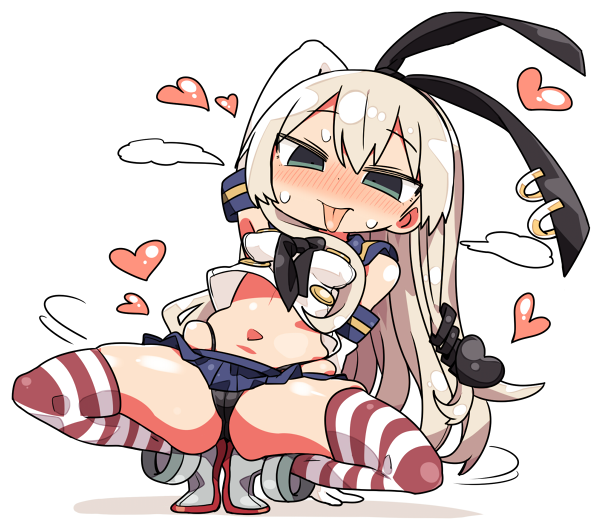 arm_support bangs black_neckwear black_panties black_ribbon blue_skirt blush breasts crop_top elbow_gloves eyebrows_visible_through_hair full_body gloves green_eyes grey_footwear hair_between_eyes hair_ribbon heart highleg highleg_panties kanikama kantai_collection leaning_to_the_side light_brown_hair long_hair looking_at_viewer medium_breasts midriff navel neckerchief nose_blush panties pleated_skirt ribbon school_uniform serafuku shimakaze_(kantai_collection) shirt shoes skindentation skirt sleeveless sleeveless_shirt solo spread_legs squatting striped striped_legwear sweat thighhighs tongue tongue_out underwear very_long_hair white_gloves white_shirt