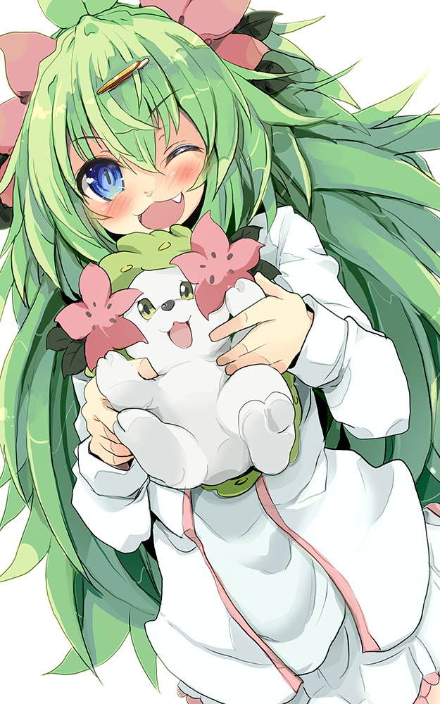 :d ;d animal blue_eyes fang flower green_hair hair_flower hair_ornament hairclip holding holding_animal long_hair long_sleeves moemon one_eye_closed open_mouth personification pokemon pokemon_(creature) rakkogawa_rinro shaymin shirt skirt smile standing very_long_hair white_background white_shirt white_skirt