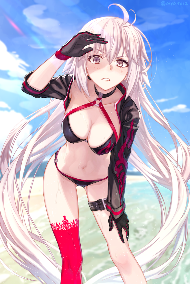 antenna_hair ass_visible_through_thighs bangs beach bikini black_bikini black_gloves blue_sky blurry blurry_background blush breasts brown_eyes cleavage cloud collarbone commentary_request day depth_of_field fate/grand_order fate_(series) gloves halterneck hand_on_own_knee hand_up jeanne_d'arc_(alter_swimsuit_berserker) jeanne_d'arc_(fate)_(all) large_breasts leaning_forward leg_belt legs_apart long_hair looking_at_viewer m-ya navel o-ring o-ring_top ocean outdoors parted_lips red_legwear shading_eyes shrug_(clothing) single_thighhigh sky solo standing swimsuit teeth thighhighs twitter_username very_long_hair water white_hair