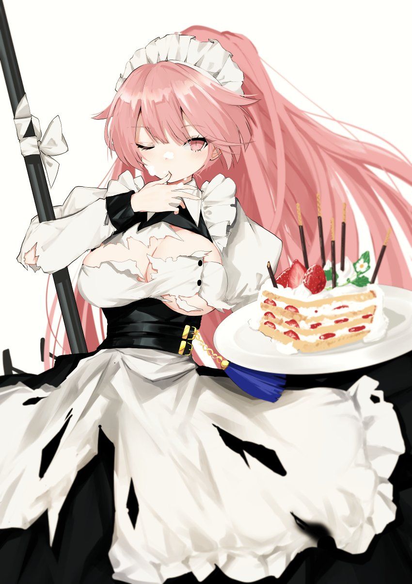 alternate_costume anti-materiel_rifle apron bangs black_ribbon blush breasts buckle buttons cake commentary_request cream cream_on_face damaged eyebrows_visible_through_hair finger_licking food food_on_face girls_frontline gun heart highres holding holding_plate large_breasts leg_up licking lifted_by_self long_hair looking_at_viewer maid maid_headdress naruwe neck_ribbon ntw-20 ntw-20_(girls_frontline) one_eye_closed open_mouth pantyhose pink_eyes pink_hair plate pocky ponytail puffy_short_sleeves puffy_sleeves ribbon rifle scope short_sleeves sidelocks skirt skirt_lift slit_pupils sniper_rifle solo symbol-shaped_pupils tassel torn_clothes very_long_hair weapon white_legwear