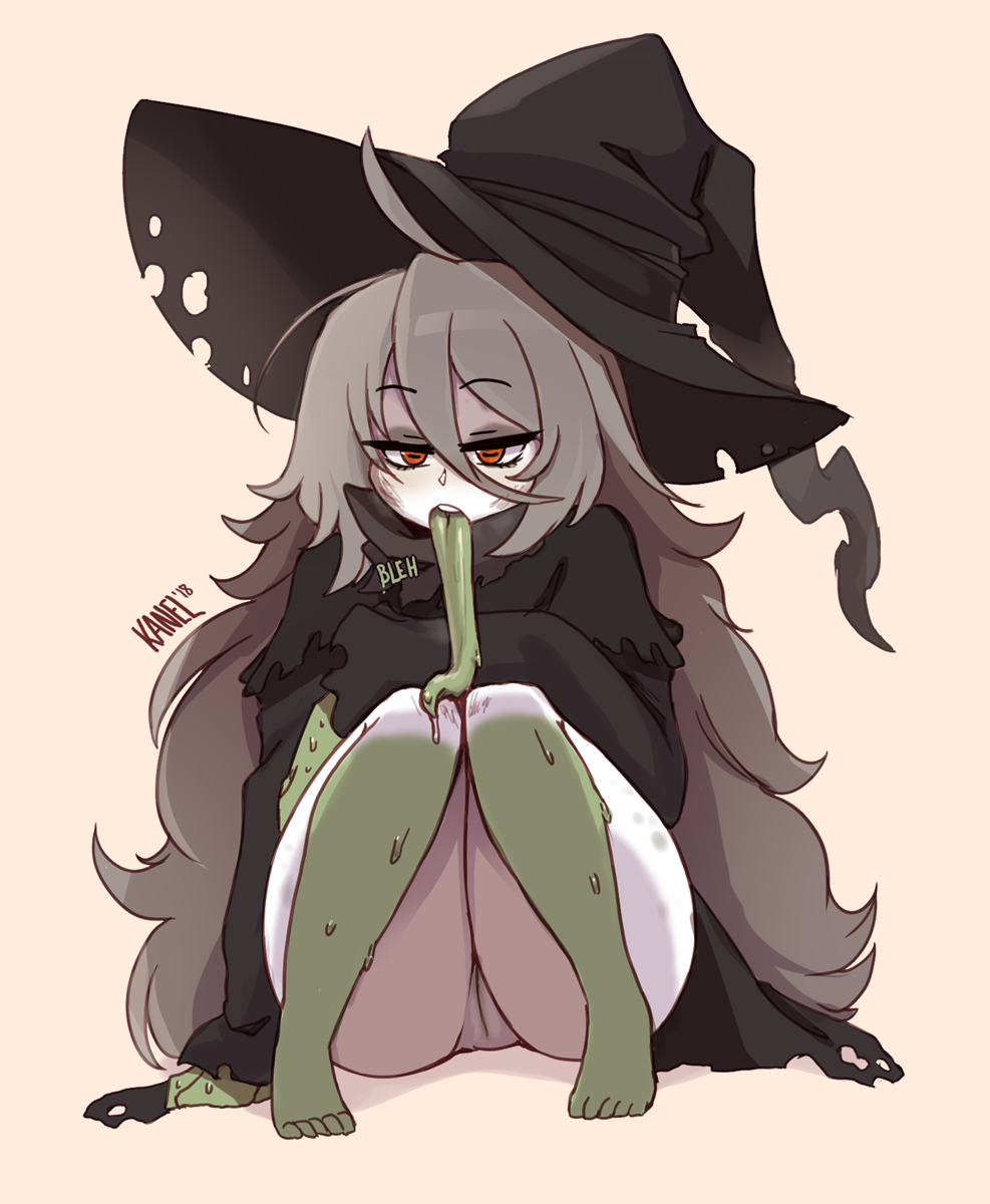 2018 5_toes barefoot black_clothing clothed clothing female front_view goo_creature hat humanoid kanel long_tongue magic_user panties signature solo toes tongue tongue_out underwear unknown_species upskirt witch witch_hat