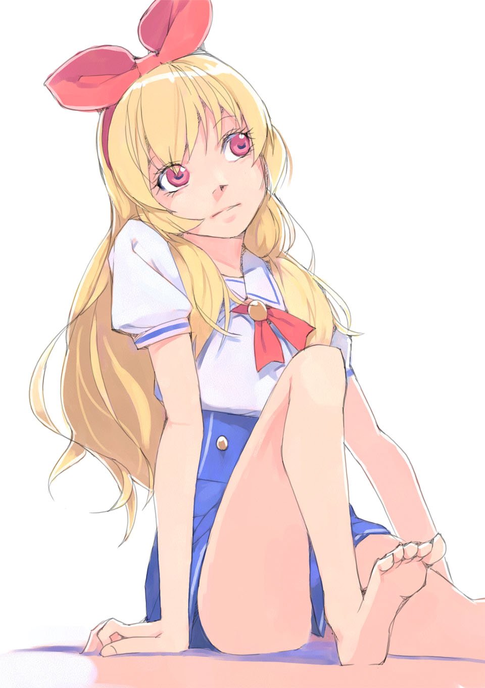 1girl aikatsu! aikatsu!_(series) akinbo_(hyouka_fuyou) barefoot blonde_hair blue_skirt bow eyebrows_visible_through_hair hair_bow hairband highres hoshimiya_ichigo long_hair looking_to_the_side looking_up miniskirt neck_ribbon red_bow red_eyes red_hairband red_ribbon ribbon sailor_collar school_uniform shiny shiny_hair shirt short_sleeves simple_background sitting sketch skirt soles solo very_long_hair white_background white_sailor_collar white_shirt