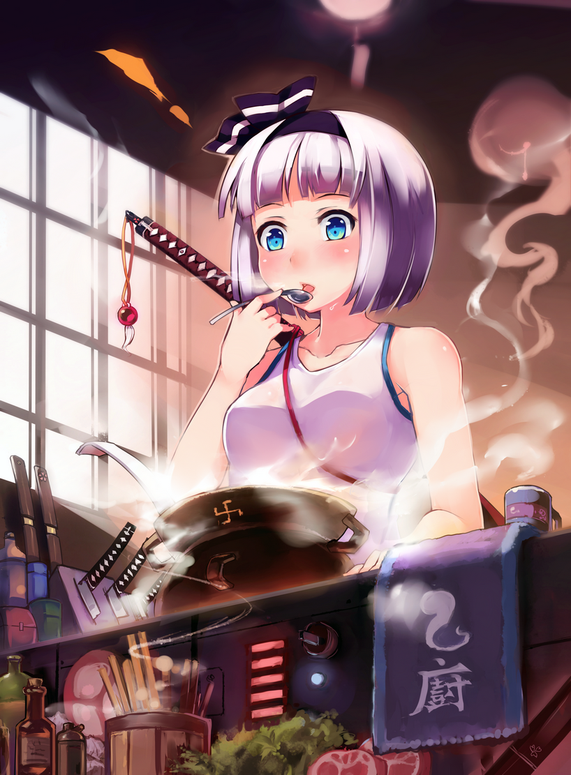 1girl alternate_costume bangs bare_arms bare_shoulders black_hairband black_ribbon blue_eyes blunt_bangs blush bottle breasts casual check_translation chopsticks collarbone cooking cup food g.h_(gogetsu) hair_ribbon hairband hand_up holding holding_spoon indoors kitchen_knife konpaku_youmu konpaku_youmu_(ghost) meat medium_breasts partially_translated pot ribbon salad short_hair silver_hair solo spoon steam swastika sweat sword tank_top tassel tasting tongue tongue_out touhou towel translation_request upper_body weapon window