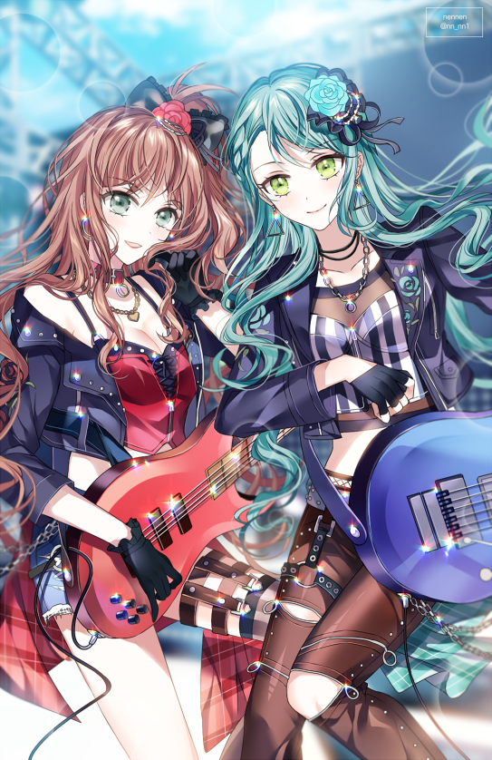 aqua_hair aqua_rose artist_name bang_dream! bangs bass_guitar black_bow black_gloves black_jacket black_ribbon blurry blurry_background bow breasts brown_hair cable cleavage crop_top cropped_jacket denim denim_shorts earrings electric_guitar fingerless_gloves floral_print flower garter_straps gloves green_eyes guitar hair_bow hair_flower hair_ornament hair_ribbon heart_pendant hikawa_sayo hoop_earrings imai_lisa instrument jacket jewelry long_hair looking_at_viewer midriff multiple_girls music nennen o-ring one_side_up open_mouth playing_instrument red_collar red_flower red_rose red_shirt ribbon rose rose_print shirt shorts single_thighhigh small_breasts smile striped striped_shirt studded_jacket thigh_strap thighhighs triangle_earrings twitter_username vertical-striped_shirt vertical_stripes zipper