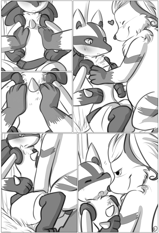 anthro blush comic drychicken duo embarrassed female grass lucario male nintendo outside pok&eacute;mon pok&eacute;mon_(species) raichu tree video_games